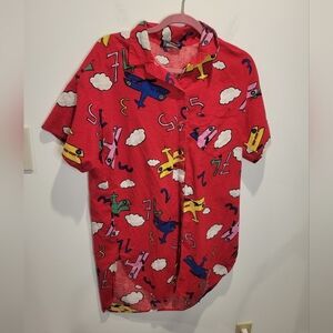 Vintage Mens Size L Pop Art Novelty Airplanes Numbers Print Shirt. Small Stain